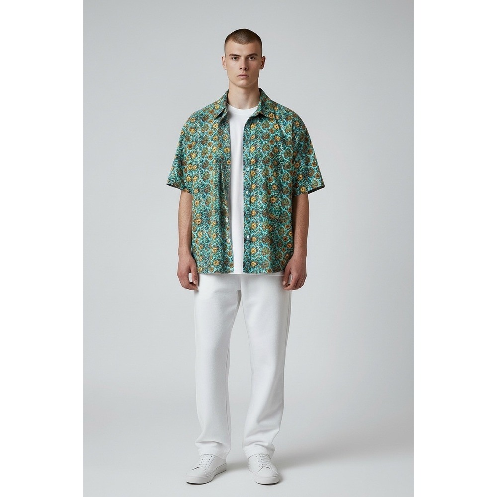 CREMIEUX Premium Denim Men's Teal Paisley Floral Short Sleeve Button Up Shirt M